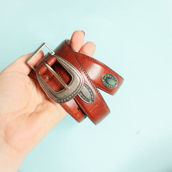 Genuine Leather Brown Silver Buckle Medallion Decorative Belt One Size main image 10